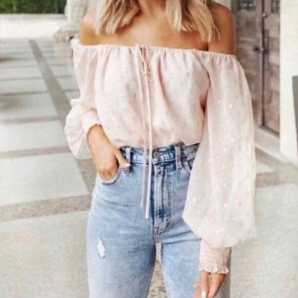 Wayf Dede x Emily sarah pink chiffon gold puff sleeve off shoulder Top NWT small - Picture 1 of 10